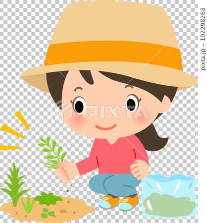 草むしりをする帽子をかぶった女性 102298268