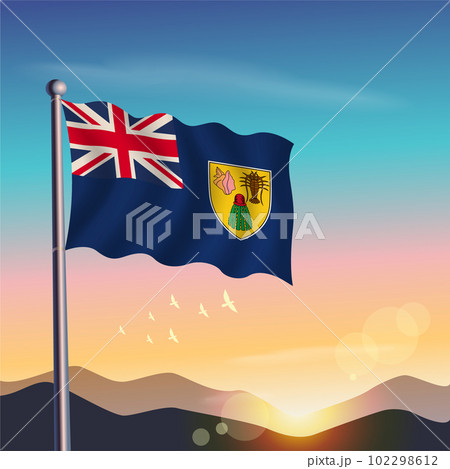 Turk and Caicos flag with mountains and morning Turk and Caicos flag with mountains and morning 102298612