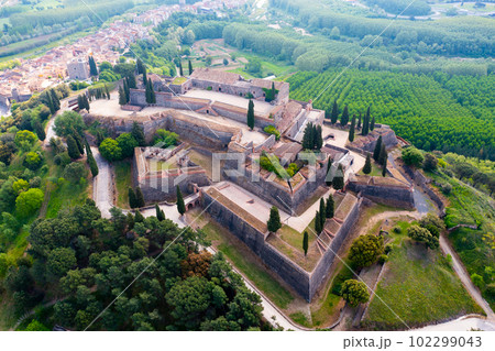 Aerial view of medieval castle of Hostalric. Spain Aerial view of medieval castle of Hostalric. Spain 102299043
