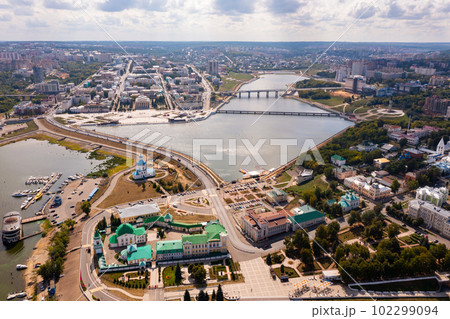 Aerial view of Cheboksary on Volga overlooking Holy Trinity Monastery and Assumption Church, Russia 102299094