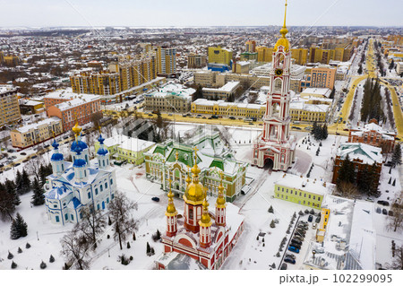 Aerial view of snow covered Tambov overlooking Monastery of Our Lady of Kazan 102299095