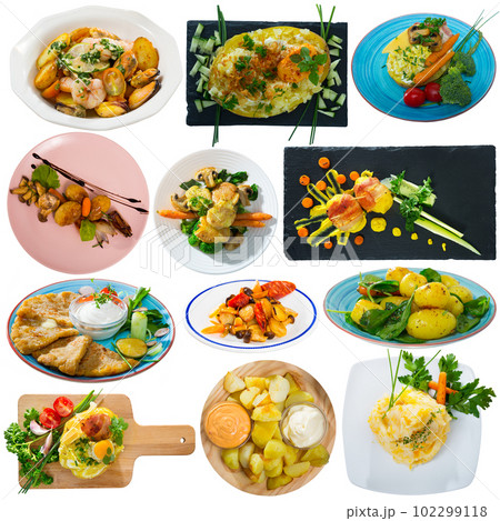 Assorted potato dishes on a white background Assorted potato dishes on a white background 102299118