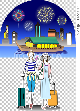 Female tourist on a houseboat Female tourist on a houseboat 102299139