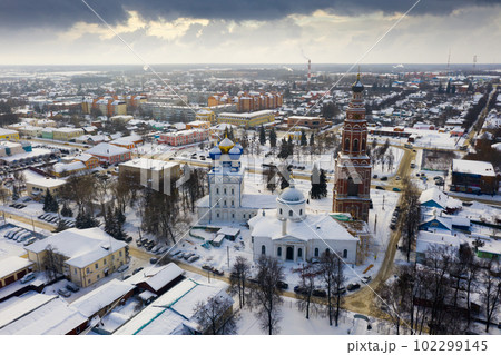 Bronnitsy cityscape with temple complex of Cathedral of Archangel Michael in winter 102299145