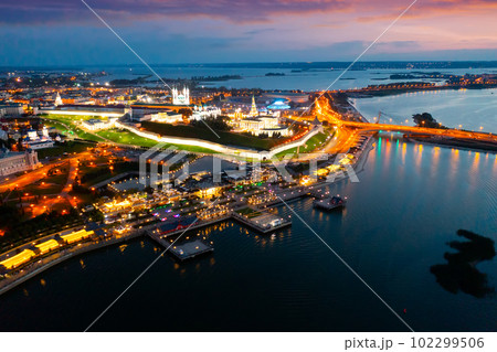 Aerial view of evening Kazan Kremlin and the Volga river embankment. Kazan. Russia Aerial view of evening Kazan Kremlin and the Volga river embankment. Kazan. Russia 102299506