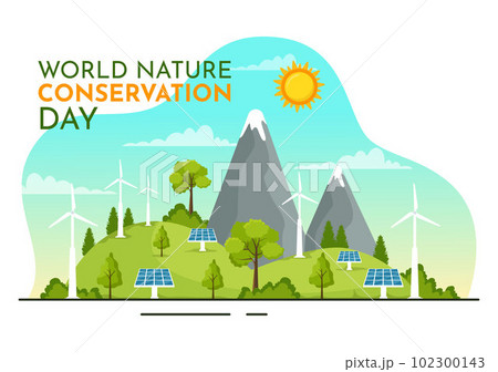 World Nature Conservation Day Vector Illustration with World Map, Tree and Eco Friendly Ecology in Flat Cartoon Hand Drawn Landing Page Templates 102300143