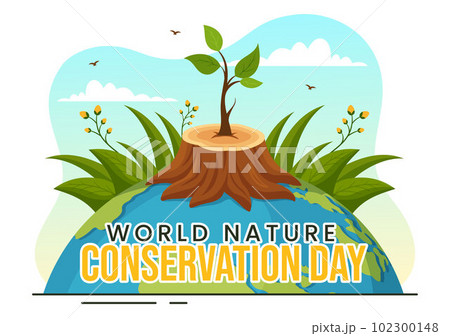 World Nature Conservation Day Vector Illustration with World Map, Tree and Eco Friendly Ecology in Flat Cartoon Hand Drawn Landing Page Templates 102300148