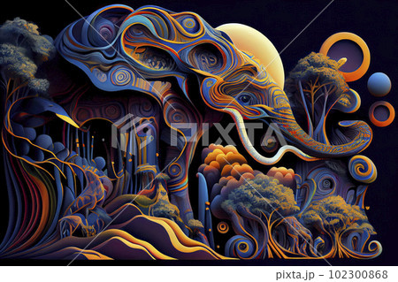 Psychedelic landscape with elephants 102300868