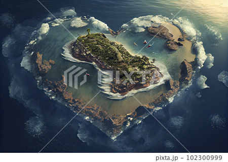 heart shaped island in the ocean - valentine heart 102300999