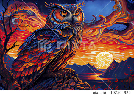 A majestic OWL with piercing blue eyes stands atop a mountain 102301920