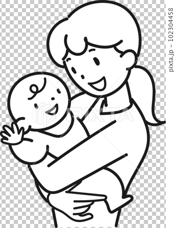 一位微笑的年輕母親抱著嬰兒的上半身 102304458