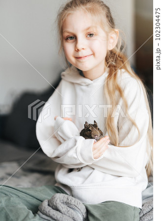 Young girl playing with small animal degu squirrel. 102304475