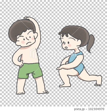 Children doing warm-up exercises in swimsuits Children doing warm-up exercises in swimsuits 102304970