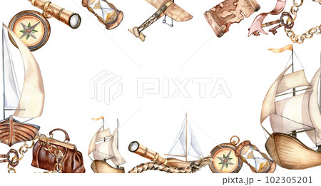 Frame of sailing ship vintage style watercolor illustration isolated on white. Sailboat, vessel, airplane, spyglass, map, bag hand drawn. Childish design, element for boy print, adventure collection 102305201