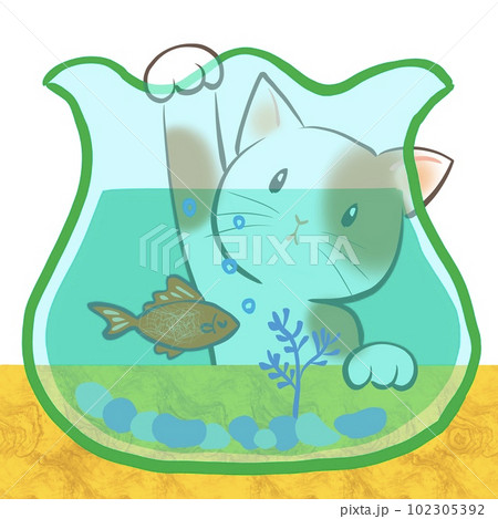 ネコが水槽の中の魚を狙っているシンプルなイラストのイラスト素材