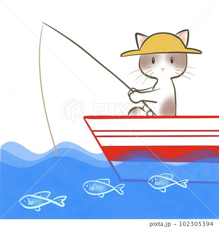 ネコが船に乗って釣りをしているシンプルなイラスト 102305394