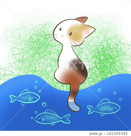 ネコが水の中に尻尾を垂らして釣りをしているシンプルなイラスト 102305395