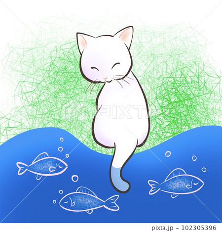 ネコが水の中にしっぽを垂らして釣りをしているシンプルなイラスト 102305396