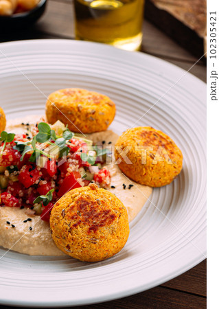 Portion of vegetarian falafels with hummus Portion of vegetarian falafels with hummus 102305421