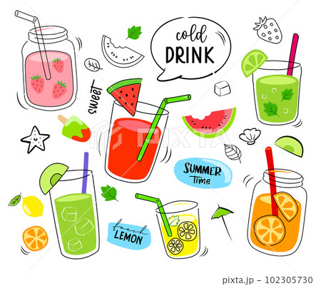 Tropical drinks summer set menu. Cold drinks with hand drawn illustration. Fruit smoothie, cocktails, alcoholic drinks. Tropical drinks summer set menu. Cold drinks with hand drawn illustration. Fruit smoothie, cocktails, alcoholic drinks. 102305730