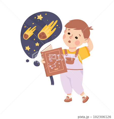 Little Boy Imagining Comet Falling in Bubble Reading Book Having Fantasy Vector Illustration Little Boy Imagining Comet Falling in Bubble Reading Book Having Fantasy Vector Illustration 102306126