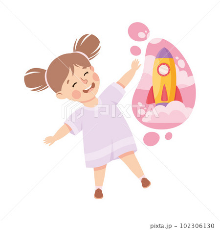 Little Girl Imagining Rocket Launch in Bubble Having Fantasy Vector Illustration 102306130
