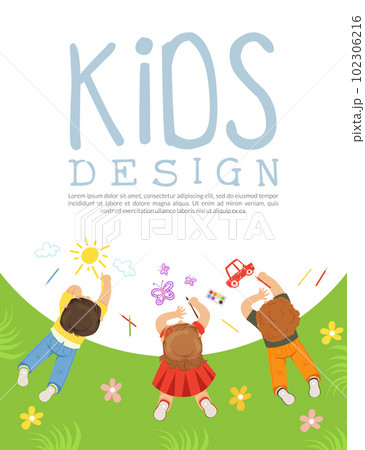 Cute litttle kids lying and drawing on big paper - Stock Illustration  [29636773] - PIXTA