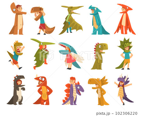 Cute Kid Wearing Dragon or Dinosaur Costume as Carnival Outfit Big Vector Set Cute Kid Wearing Dragon or Dinosaur Costume as Carnival Outfit Big Vector Set 102306220