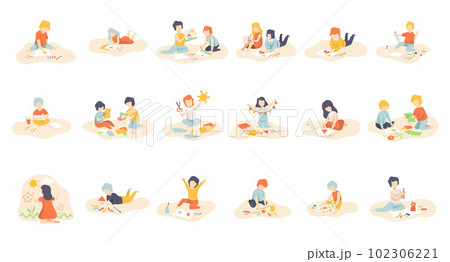 Little Boys and Girls Sitting on Floor Painting, Cutting with Scissors, Drawing with Pencils, Modelling from Plasticine Vector Set Little Boys and Girls Sitting on Floor Painting, Cutting with Scissors, Drawing with Pencils, Modelling from Plasticine Vector Set 102306221