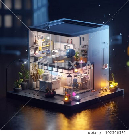 2階建ての3D仮想住宅、モダンでスタイリッシュな住宅のイラスト画像 102306573