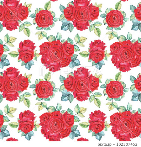 Floral pattern with red flowers and green leaves on a white background 102307452