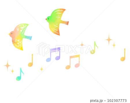 童話の世界のようなメルヘンタッチの可愛い音符と鳥のイラスト素材 童話の世界のようなメルヘンタッチの可愛い音符と鳥のイラスト素材 102307773