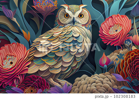 owl, Lush central asia flowers, full landscape owl, Lush central asia flowers, full landscape 102308183