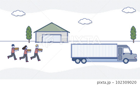 大型トラックでガレージから引越しをするスタートアップのメンバー 102309020
