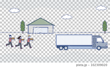 大型トラックでガレージから引越しをするスタートアップのメンバー 102309020