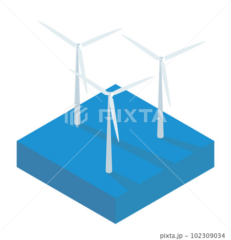 洋上で風力発電するシンプルなアイソメイラスト 102309034
