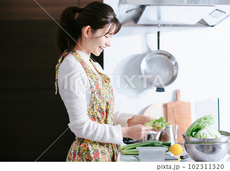 キッチンで料理する女性 102311320