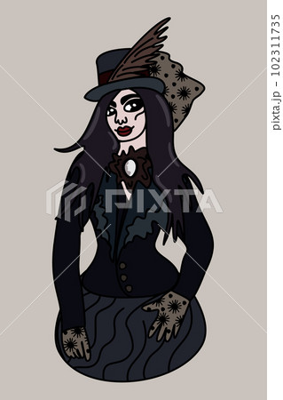 Vector portrait of young woman dressed in gothic style isolated on light background.  102311735