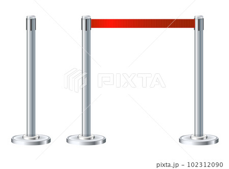 Retractable belt rack. Portable tape barrier. Red tape for fencing. Red carpet with red ropes on silver supports. Exclusive event, movie premiere, gala concert, awards ceremony. 102312090