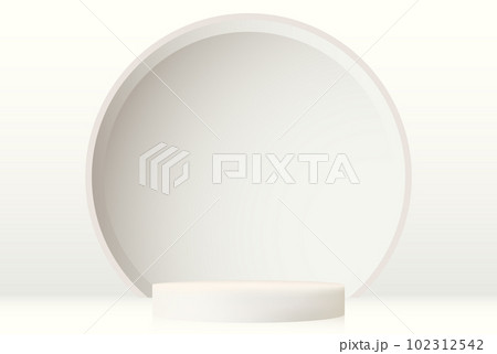 Cylindrical realistic white podium. White empty room concept with semicircular interior element.Vector 3d shape rendering, product display presentation. 102312542