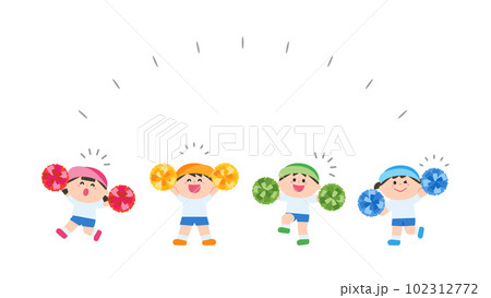 ポンポンを持って応援する体操服の子どもたち 102312772