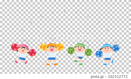 ポンポンを持って応援する体操服の子どもたち 102312772