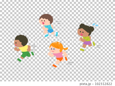 かけっこをする様々な人種の子どもたち かけっこをする様々な人種の子どもたち 102312822