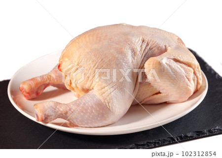 Raw chicken on white plate isolated on white background ready for cooking 102312854