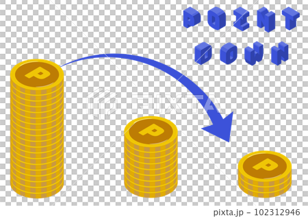 Point-down image illustration. Illustration material of points, coins and alphabets. Point-down image illustration. Illustration material of points, coins and alphabets. 102312946