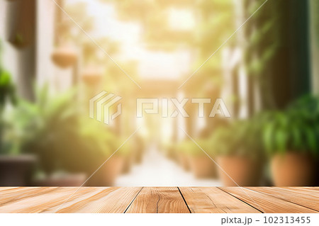 Empty wooden table in coffee shop with blurred background. created with Generative AI 102313455