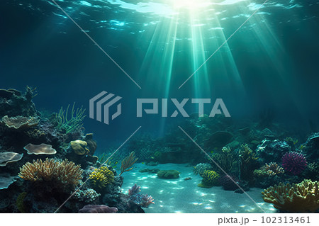 Tropical Seabed - An Underwater Scene with Vibrant Reef and Sunshine. created with Generative AI Tropical Seabed - An Underwater Scene with Vibrant Reef and Sunshine. created with Generative AI 102313461