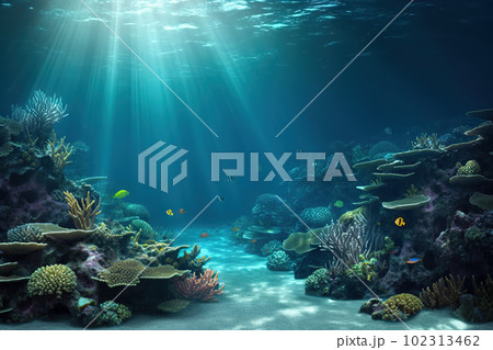Tropical Seabed - An Underwater Scene with Vibrant Reef and Sunshine. created with Generative AI Tropical Seabed - An Underwater Scene with Vibrant Reef and Sunshine. created with Generative AI 102313462