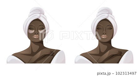 African American woman in white bathrobe and towel.The concept of spa, relaxation, face and body skin care. Eye patches. Health and beauty. Trendy vector illustration African American woman in white bathrobe and towel.The concept of spa, relaxation, face and body skin care. Eye patches. Health and beauty. Trendy vector illustration 102313497