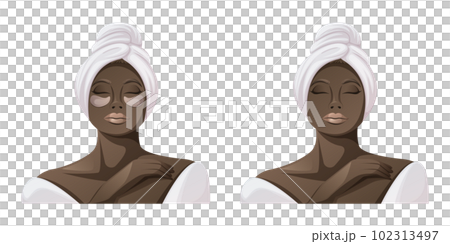 African American woman in white bathrobe and towel.The concept of spa, relaxation, face and body skin care. Eye patches. Health and beauty. Trendy vector illustration African American woman in white bathrobe and towel.The concept of spa, relaxation, face and body skin care. Eye patches. Health and beauty. Trendy vector illustration 102313497
